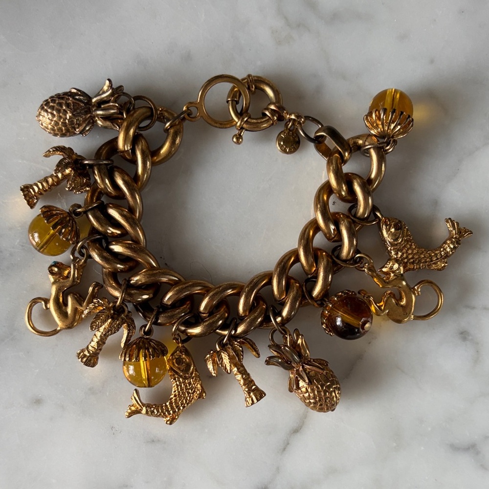 Vintage J.Crew Gold Summer Vacation Charm Bracelet Pineapples, Palm Tree, Monkey